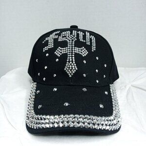 Black Denim Hat Faith Silver Stones Cross